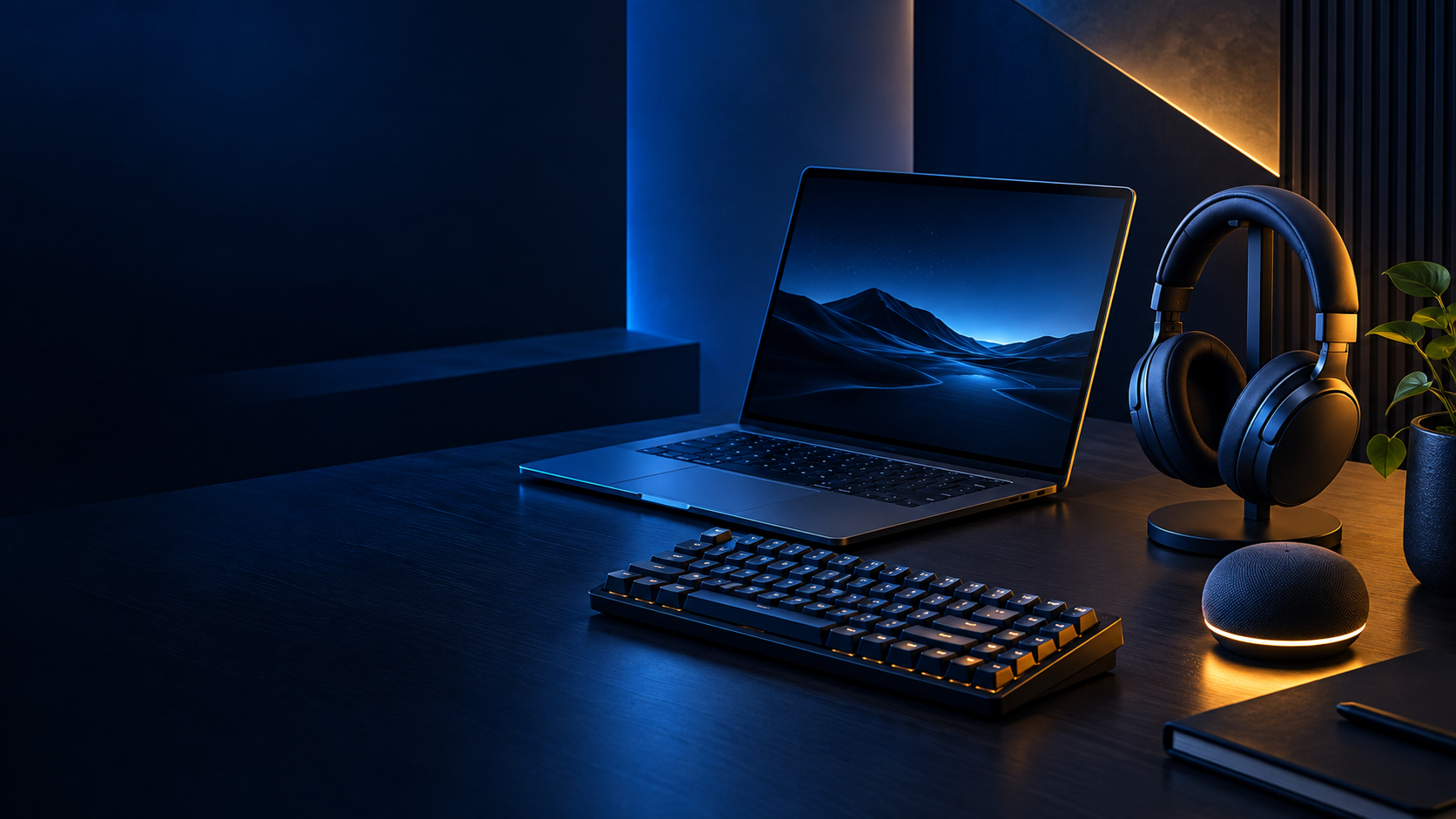 Notebook, teclado e fones de ouvido em uma mesa de trabalho