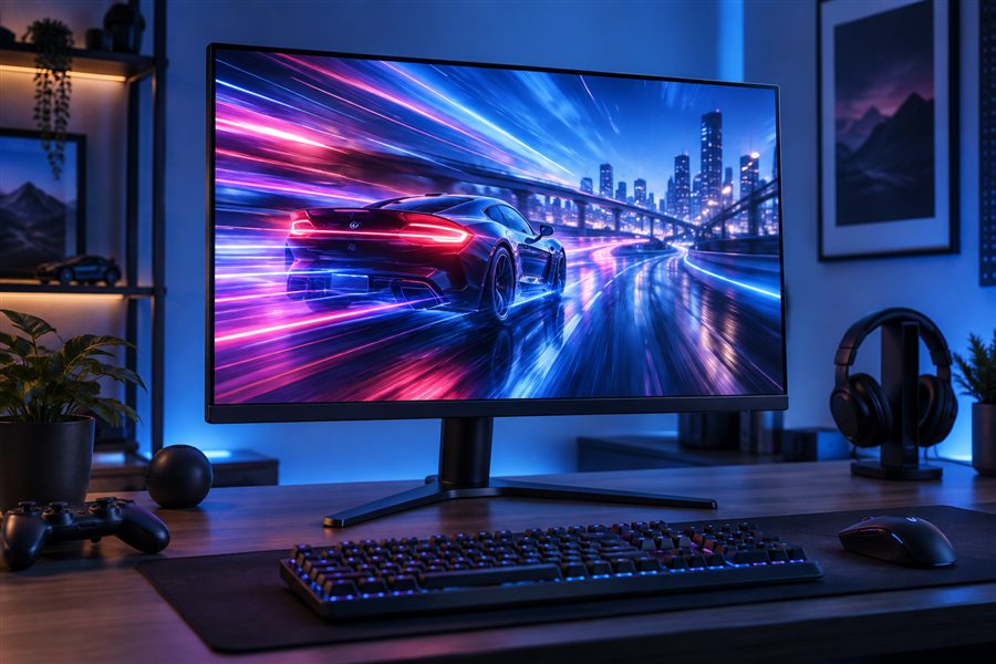 Monitor gamer em uma mesa com iluminação azul