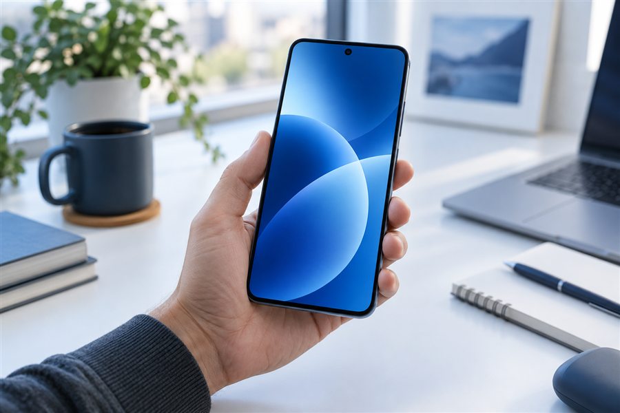 Smartphone moderno sendo usado em uma mesa de trabalho